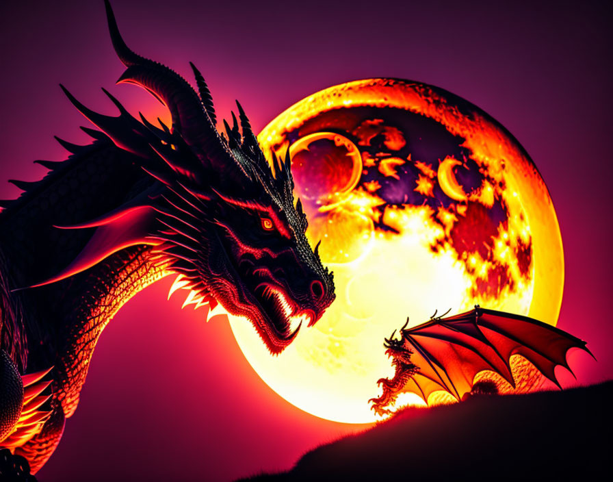 Two dragons silhouetted against a glowing full moon in a red-tinted sky