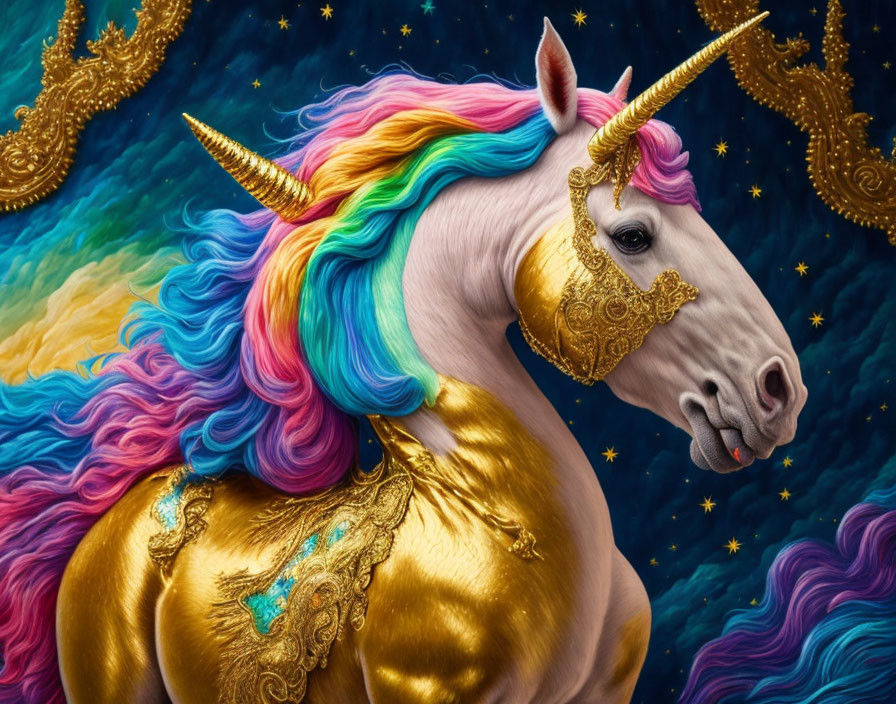 Colorful Unicorn Artwork with Golden Mask on Celestial Background