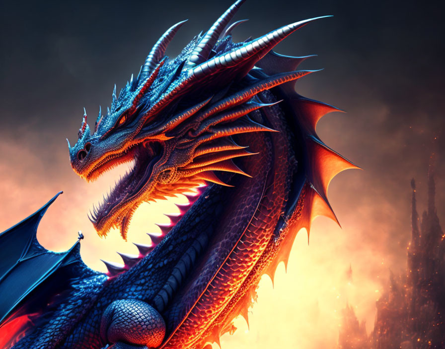 Majestic dragon with scales and horns in fiery fantasy scene