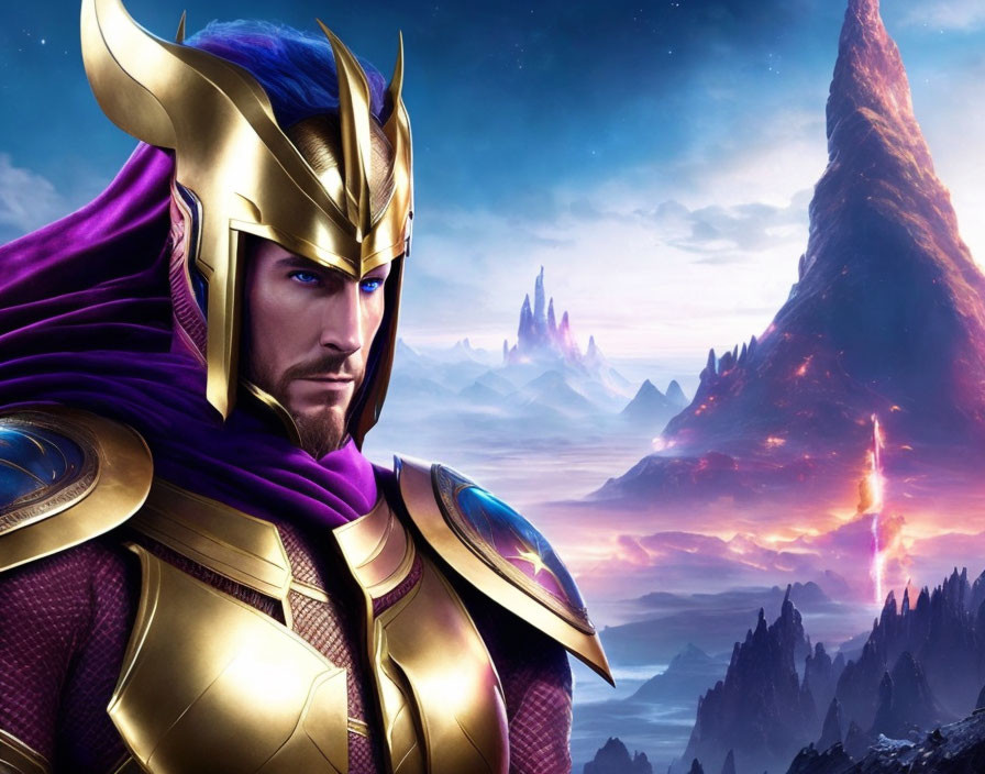 Fantasy character in golden armor on alien landscape