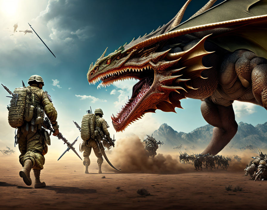 Fantasy scene: Soldiers facing giant dragon in desert landscape