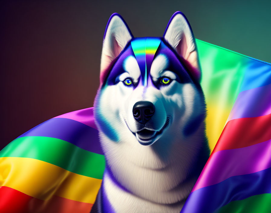 Colorful Siberian Husky Illustration with Rainbow Stripe and Cape