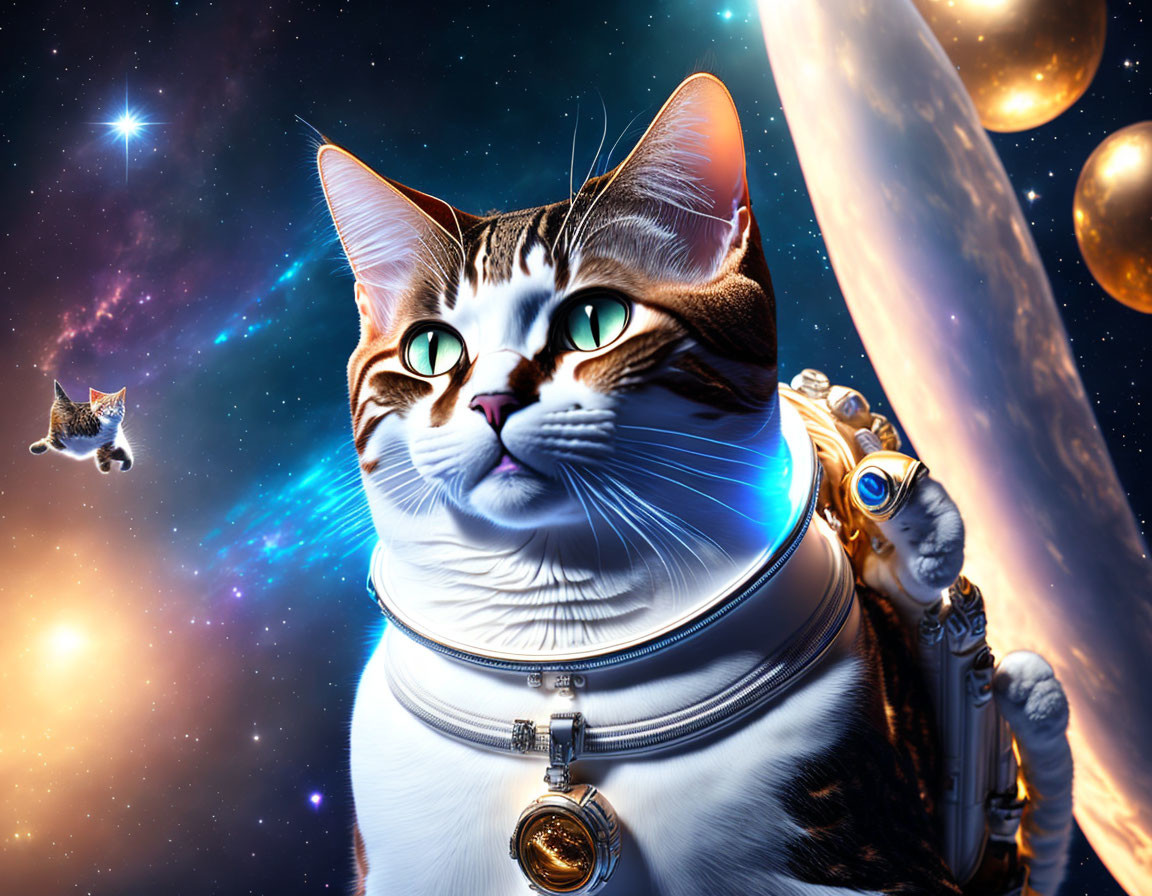 Cat in spacesuit with planets and galaxy in digital artwork