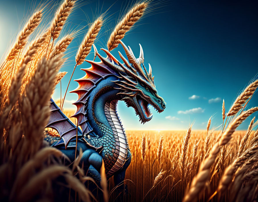 Blue dragon with orange spikes in golden wheat field under vibrant sky