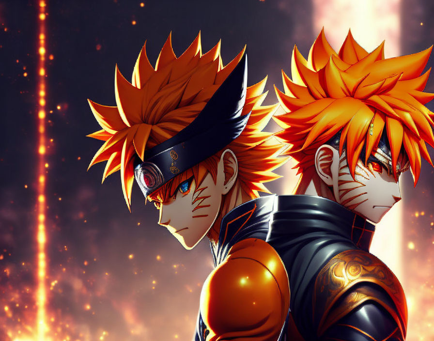 Spiky Orange-Haired Characters in Black Outfits on Fiery Background