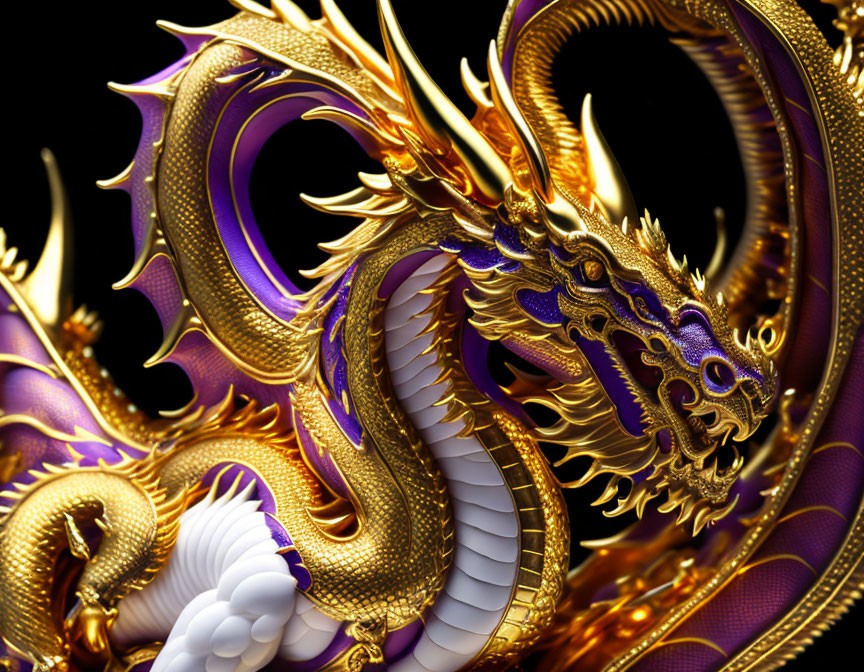 Detailed Golden Dragon Illustration with Purple Accents and Fierce Eyes