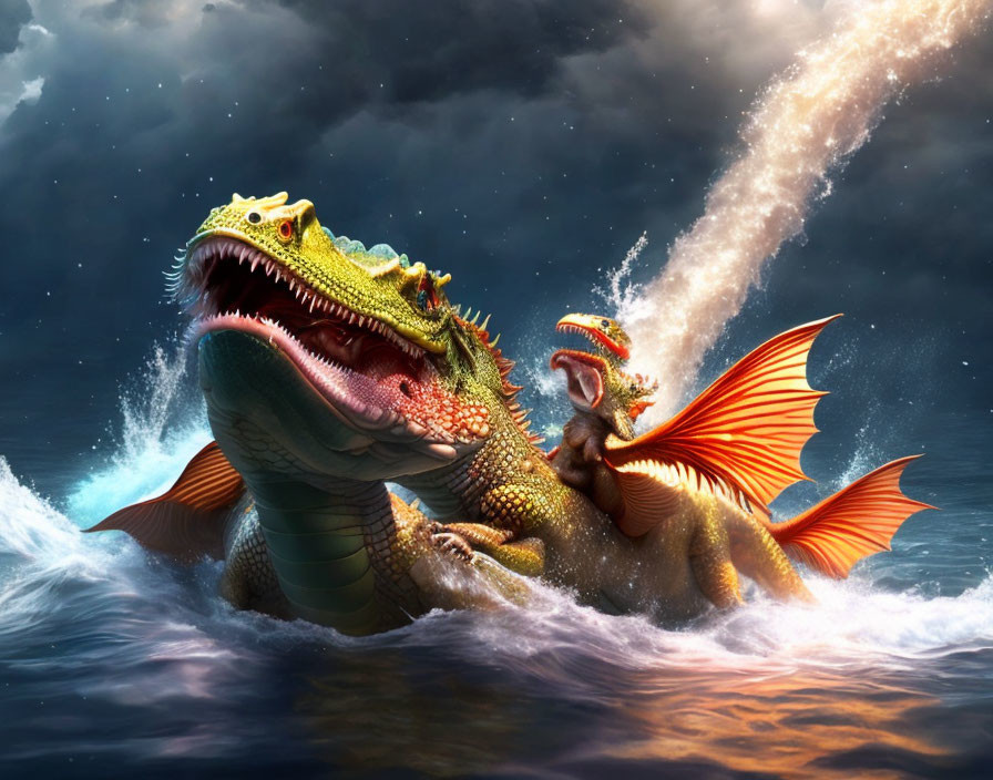 Digital artwork: Mythical dragon battle in stormy skies