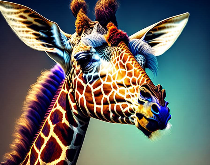Vividly Colored Giraffe Artwork with Abstract Patterns on Blue Background