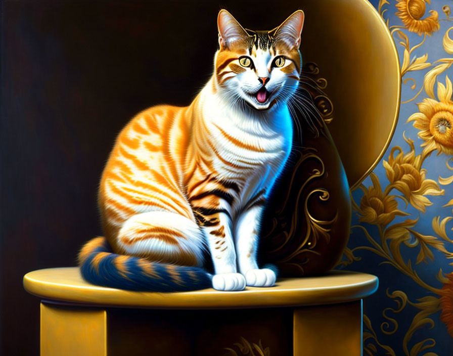 Orange and White Striped Cat on Golden Stool Against Dark Blue Floral Background