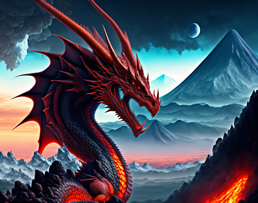 Red dragon near lava stream with mountains and crescent moon in dramatic sky