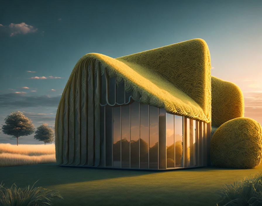 Grass-Covered Roofs and Curvilinear Shapes in Tranquil Landscape at Sunrise or Sunset