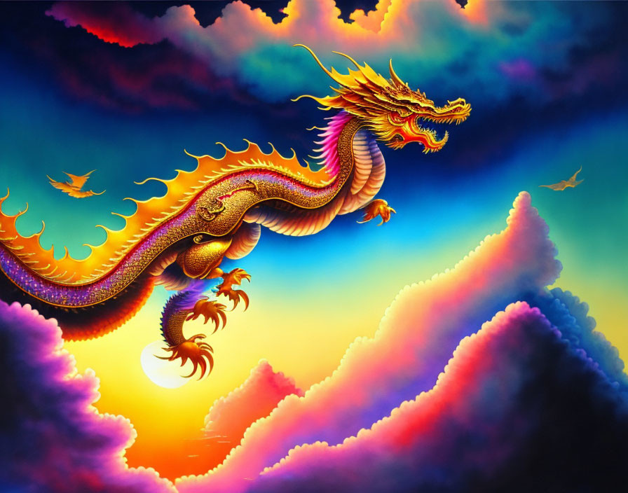 Golden dragon flying over colorful clouds at sunset