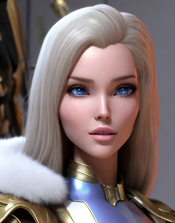 Female character with blue eyes, blonde hair, blue and gold armor, and white fur collar.