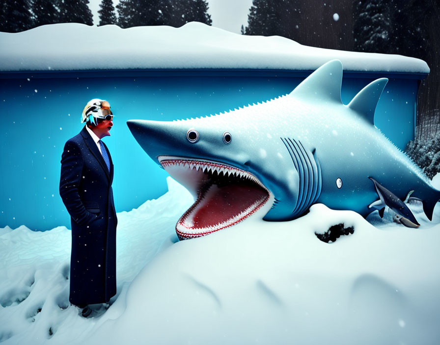 Man in suit and diving helmet faces large snow shark in snowy forest scene.