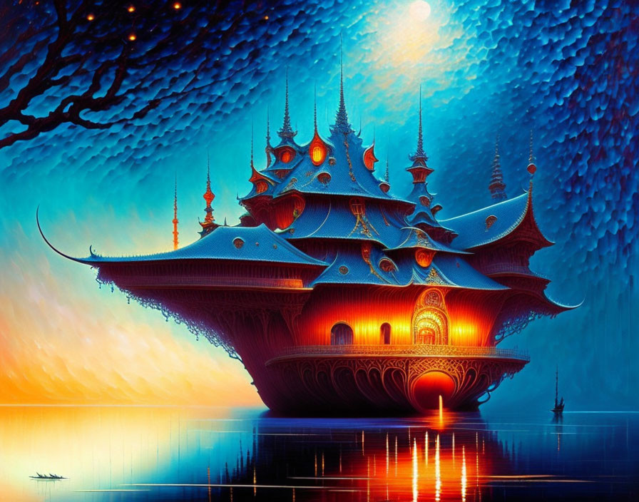 Vibrantly colored digital artwork: Fantastical ship with spires above tranquil water