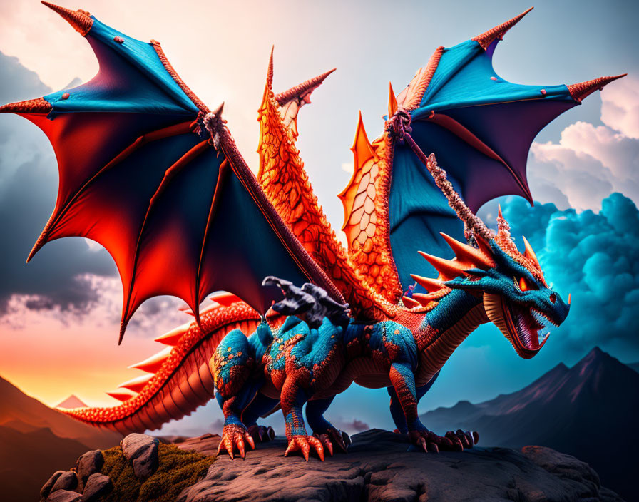Colorful Dragon Artwork with Blue Wings and Orange Body on Rock at Sunset