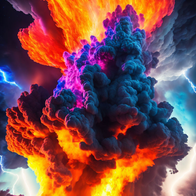 Intense orange flames and purple smoke explosion with lightning in dark sky