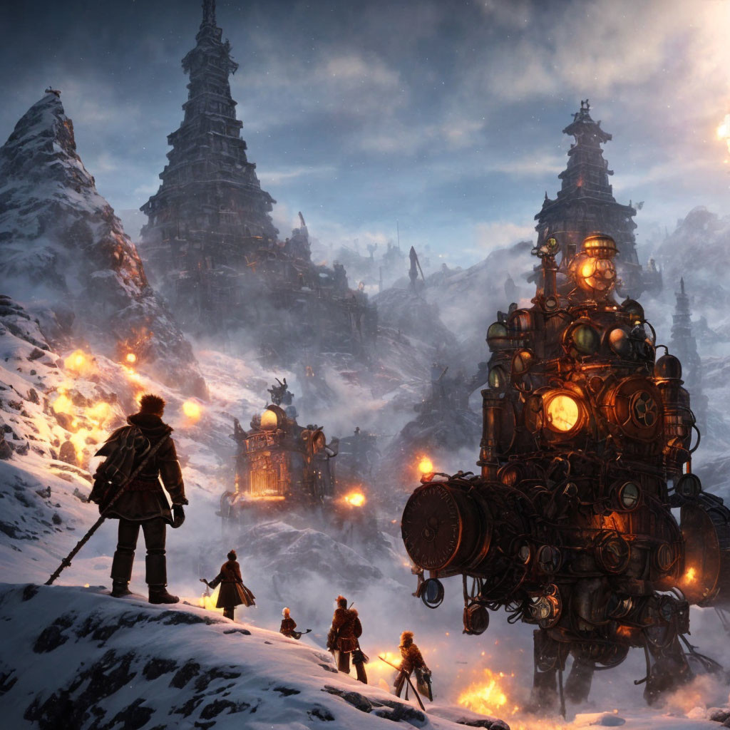 Snow-covered landscape with towering mechanized structure and ancient illuminated spires.