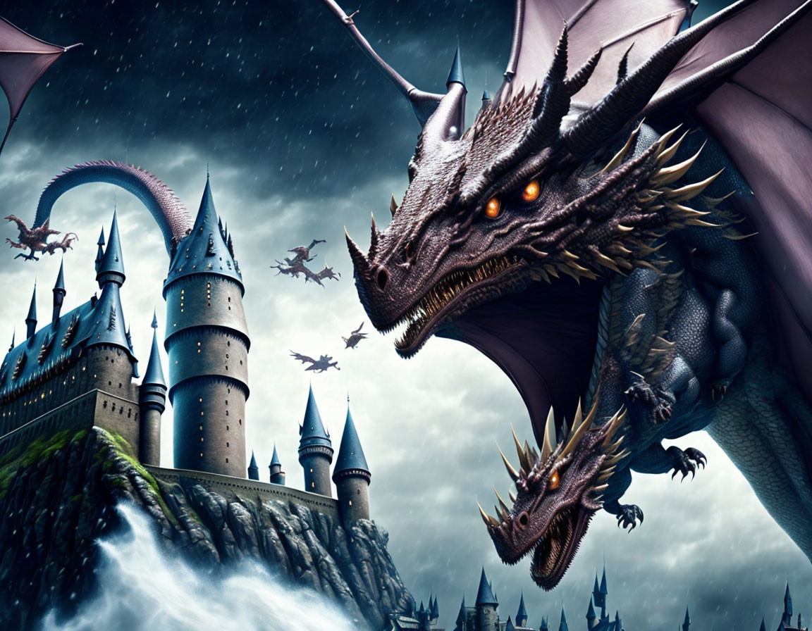 Menacing dragon overlooking castle with smaller dragons in stormy sky