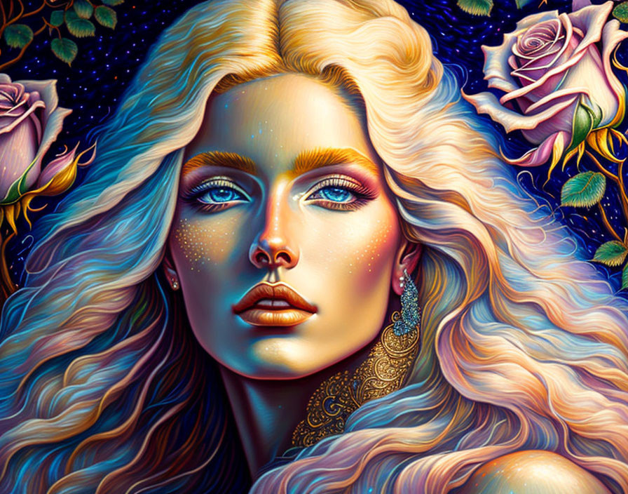 Illustration of Woman with Golden Hair, Stars, Roses, Cosmic Background