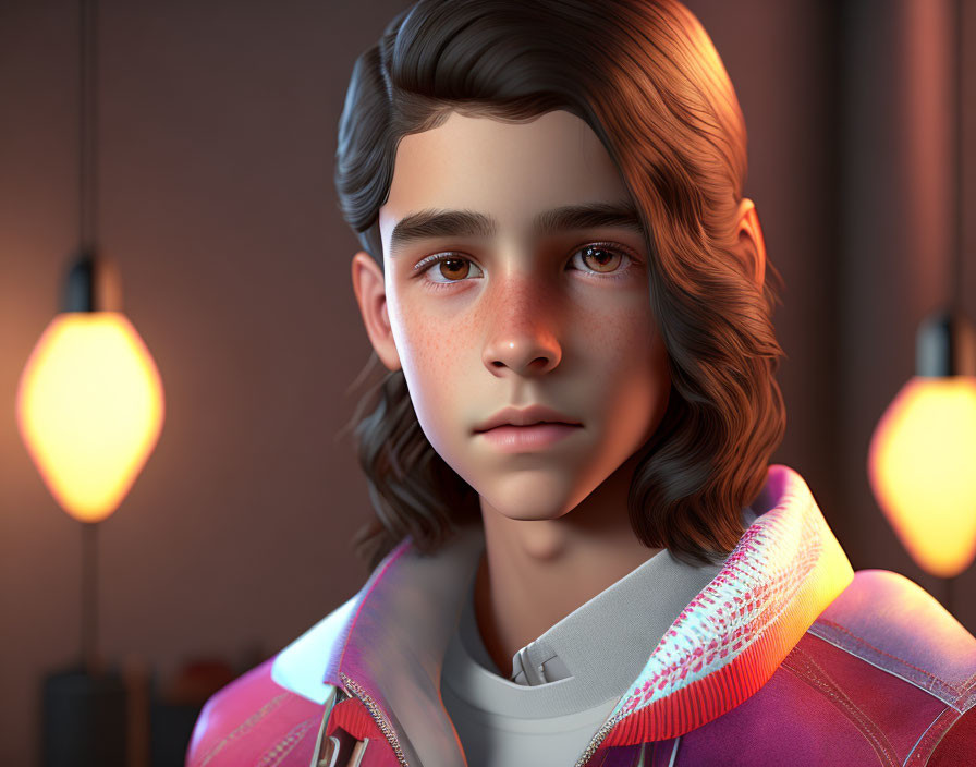 Young male with curly hair in pink and white jacket under warm lighting
