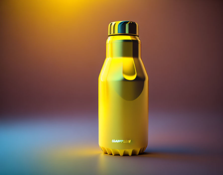 Yellow Insulated Stainless Steel Bottle on Orange and Purple Gradient Background