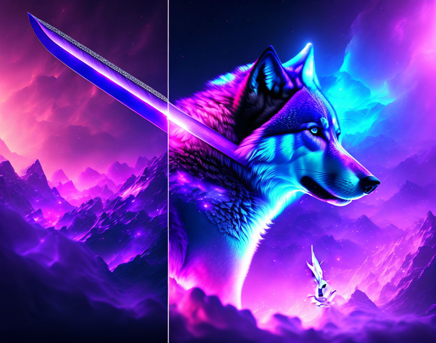 Digital Artwork: Wolf Profile and Sword in Neon Landscape