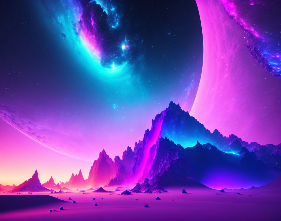Neon-lit mountains under starry sky with planet horizon