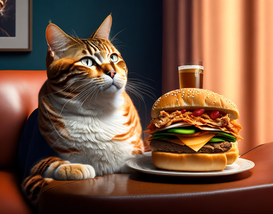 Orange Tabby Cat Beside Large Sandwich on Plate