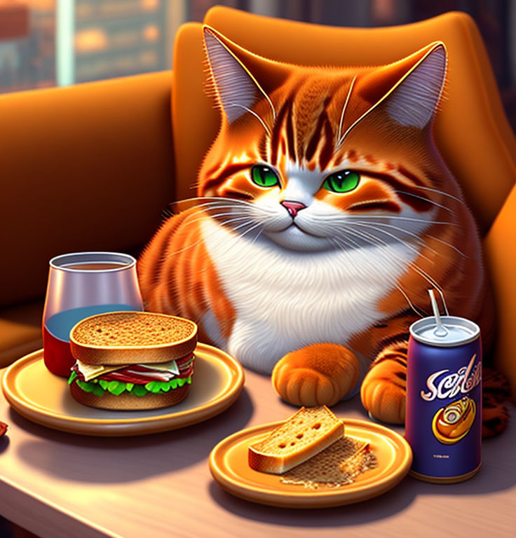 Illustration of orange tabby cat with food at table