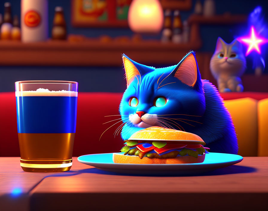 Blue cat mesmerized by hamburger and beer in cozy bar setting