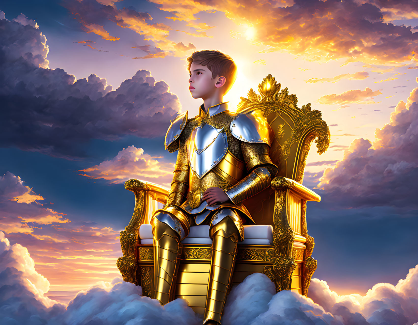 Young boy in shining armor on golden throne with dramatic sunset sky