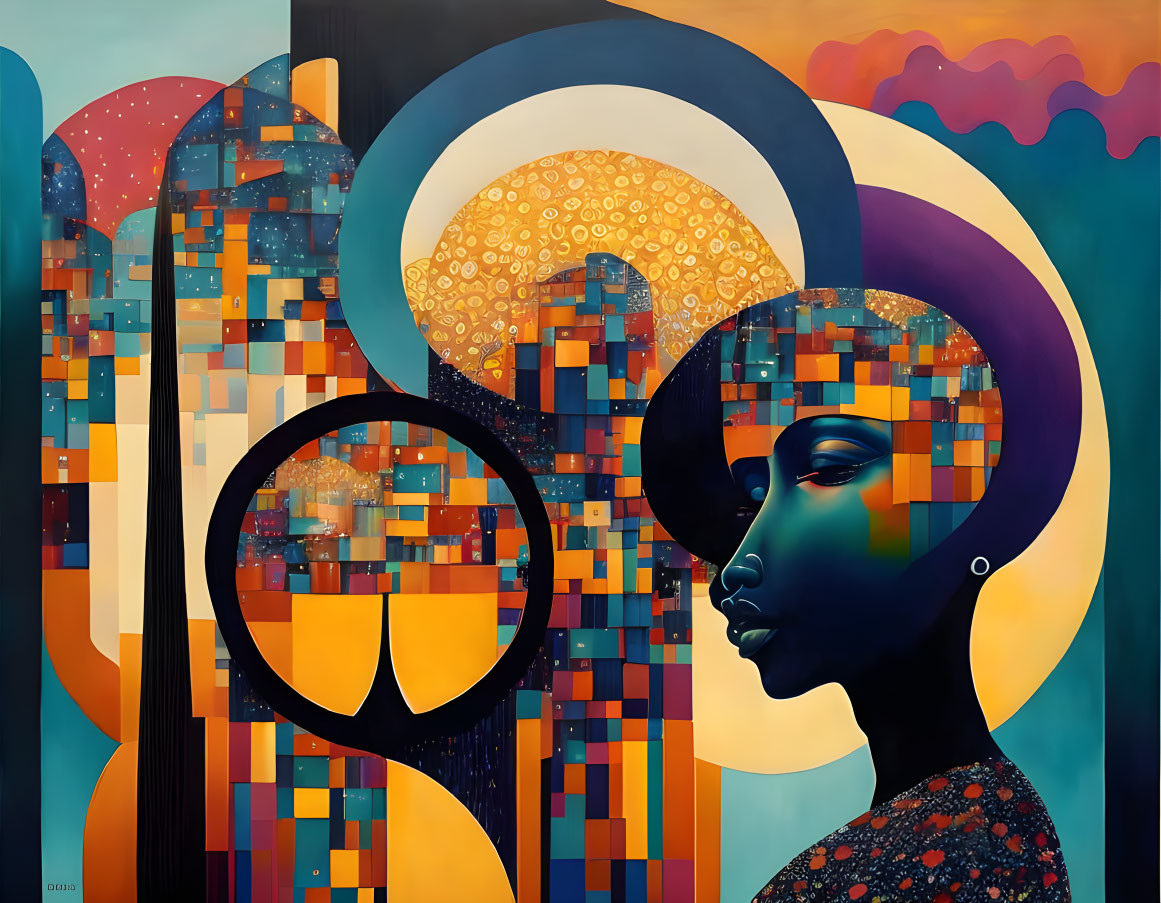Colorful surreal painting: Woman profile, peace sign, geometric patterns, urban skyline