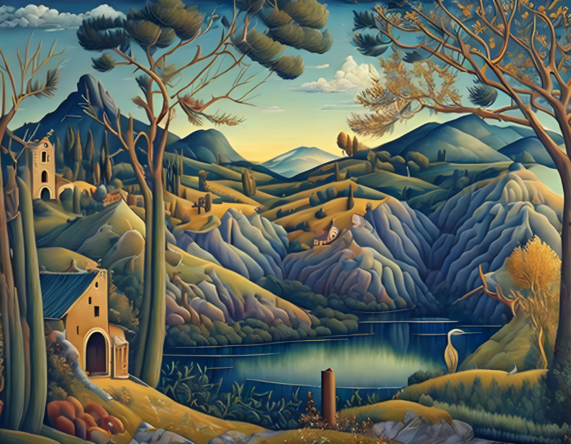 Serene landscape painting with hills, lake, church, and mountains