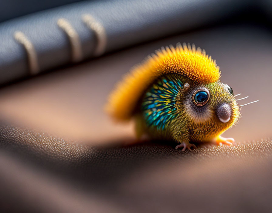 Colorful Furry Toy with Big Eyes on Leather Surface in Sunlight