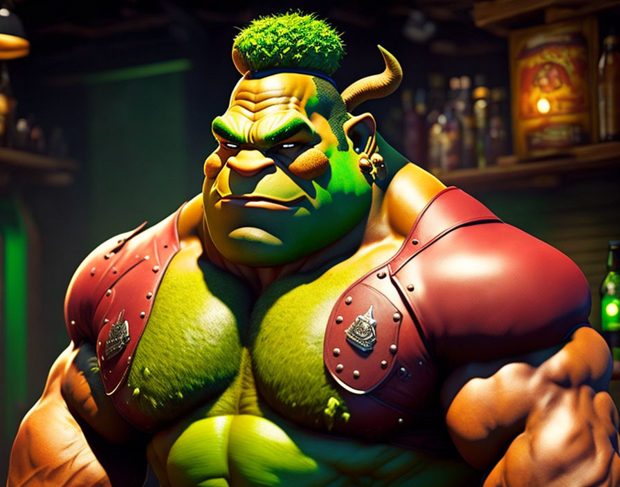 Green-skinned animated character with mohawk, horns, and red shoulder pads in bar scene