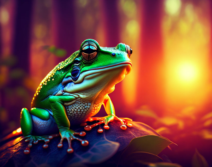 Vibrant green frog with sunglasses on leaf in warm bokeh.