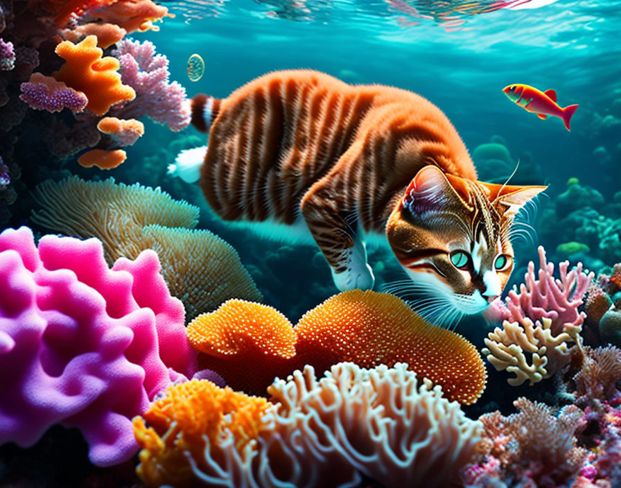 Photorealistic montage of cat underwater with coral reefs