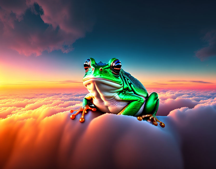 Colorful Frog with Red Eyes on Cloud in Sunset Sky