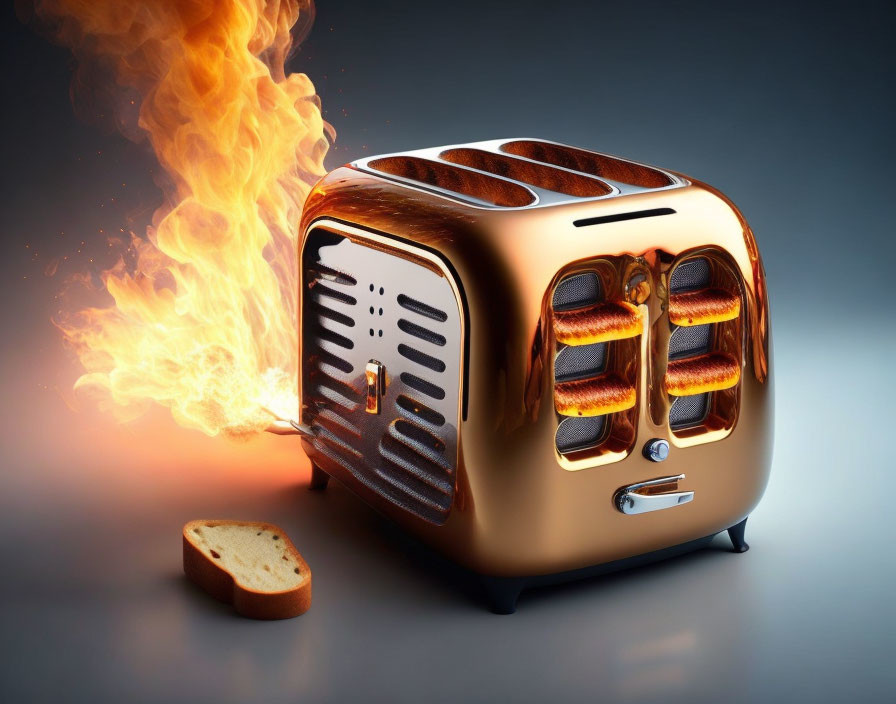 Chrome retro toaster with fiery explosion and four slices of bread