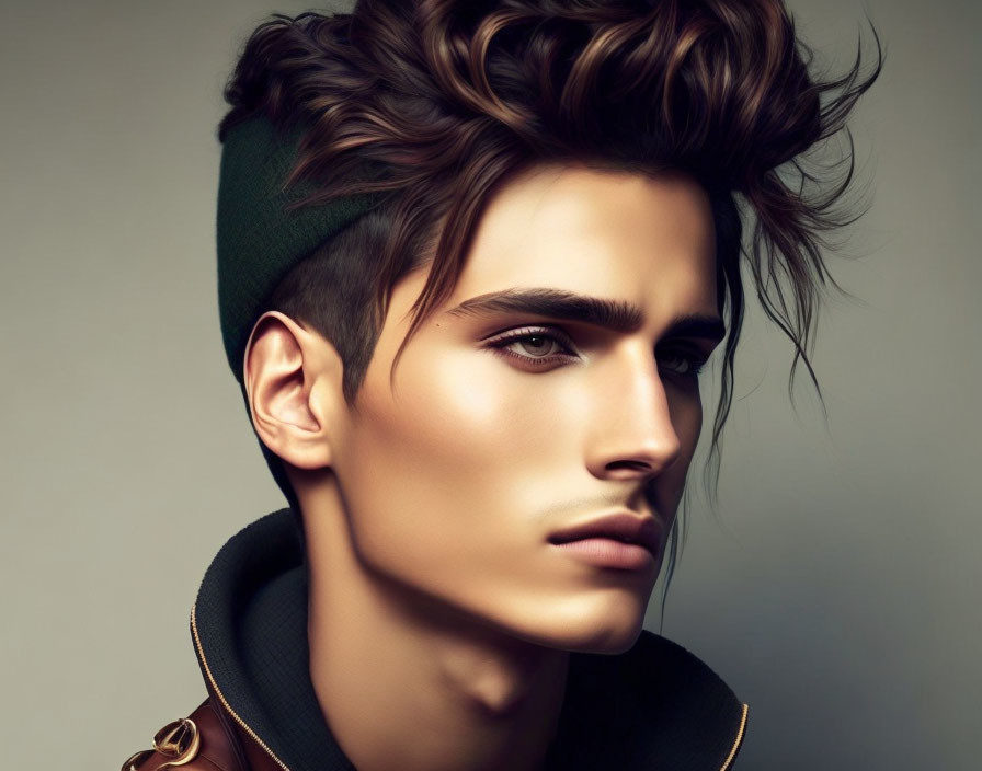 Portrait of a man with voluminous wavy hairstyle and striking makeup