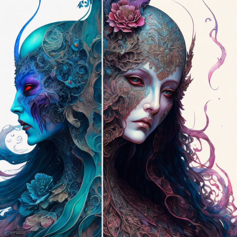 Split-image of stylized female faces: one cool blues with aquatic features, the other warm tones with
