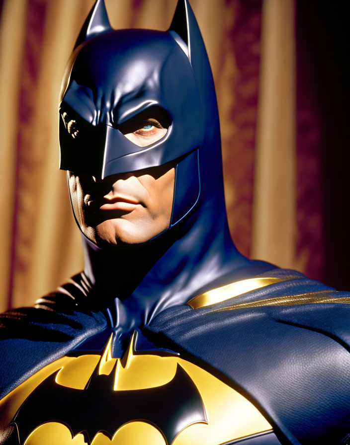 Person in Batman costume with cowl, cape, and emblem on chest against golden draped background