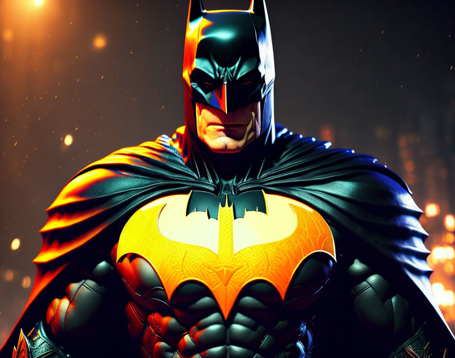 Dramatic Batman with glowing symbol in fiery cityscape