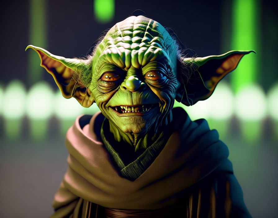 Green-lit 3D Yoda rendering with toothy smile