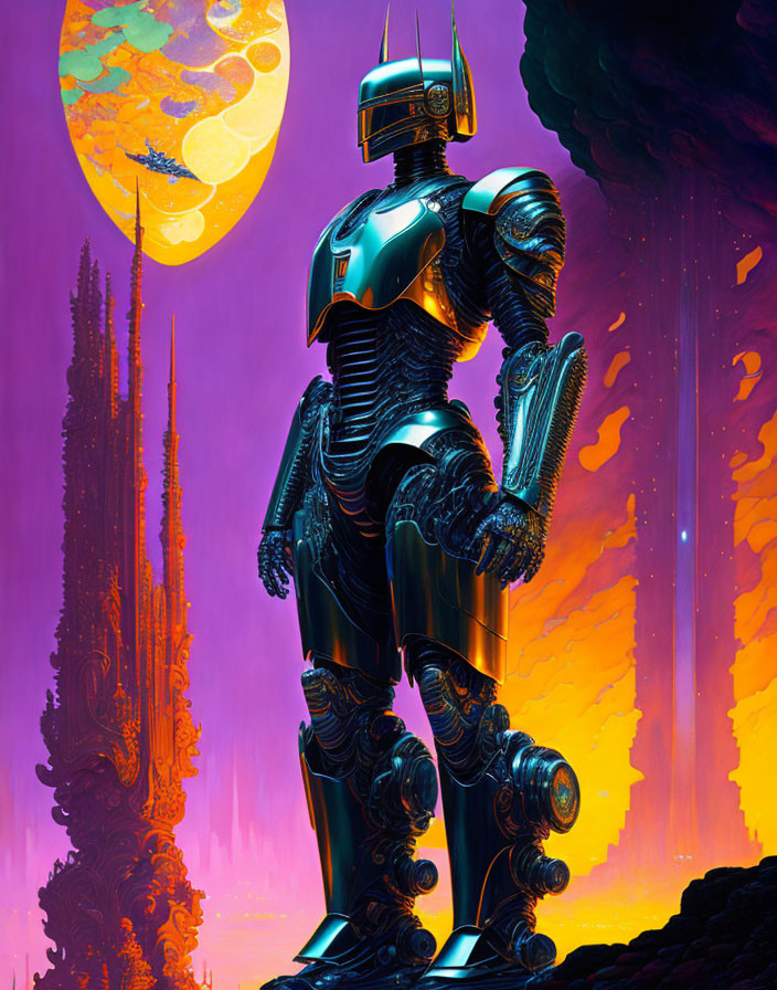 Futuristic robot on alien planet with purple skies and yellow moon.