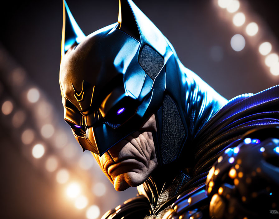 Detailed Batman figure with focused expression and iconic cowl on light background