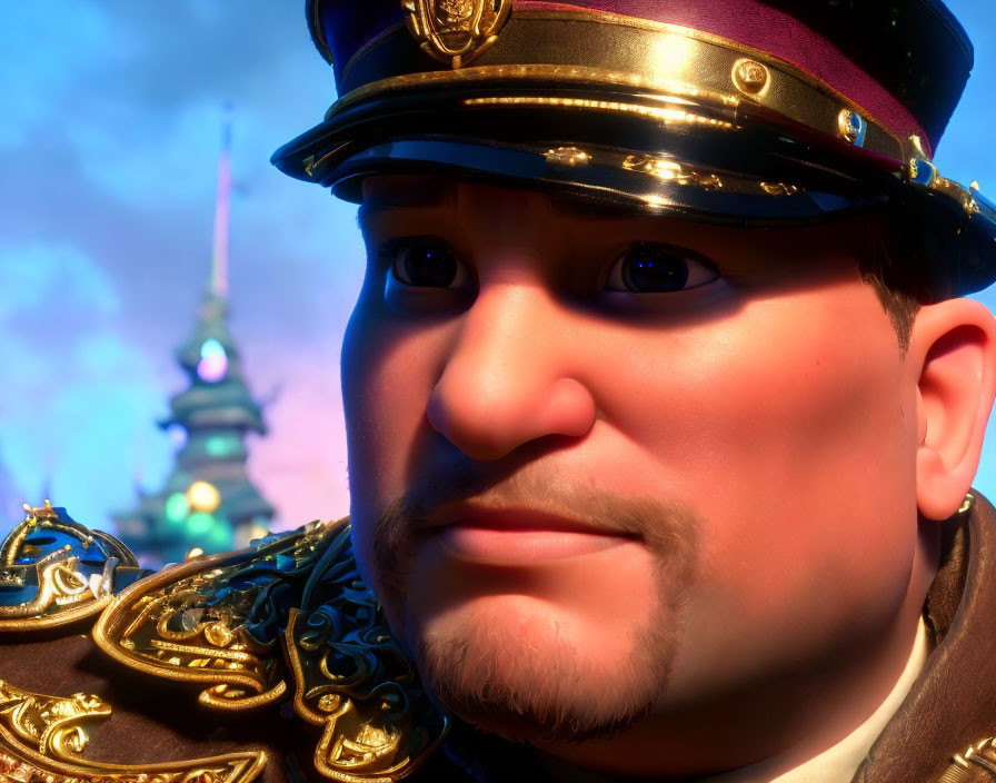 Detailed 3D animated male character in military uniform with mustache, set against magical castle.