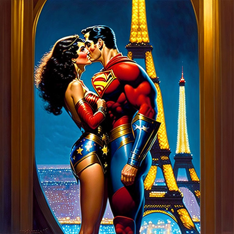 Wonder Woman kisses Superman at night in Paris