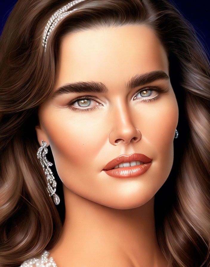 Digital portrait of woman with wavy brown hair, sparkling earrings, headband, blue eyes, glossy